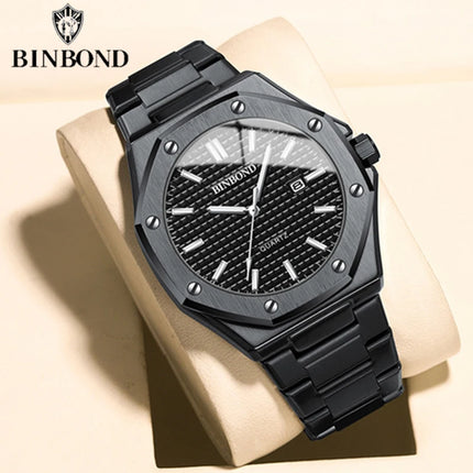 BINBOND Men's Watch Top Brand Royal Casual Men Big Dial Silver Stainless Steel Calendar Quartz Wristwatch Classic Luminous B0233