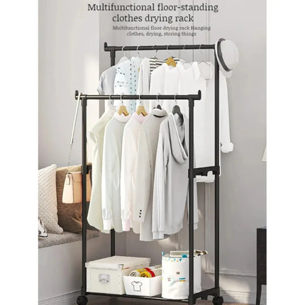 Double-Rod Clothes Rack Clothes Rack With Hooks Hanging Clothe Organizer For Bedroom Movable Bedroom Clothing Hanger With Wheels