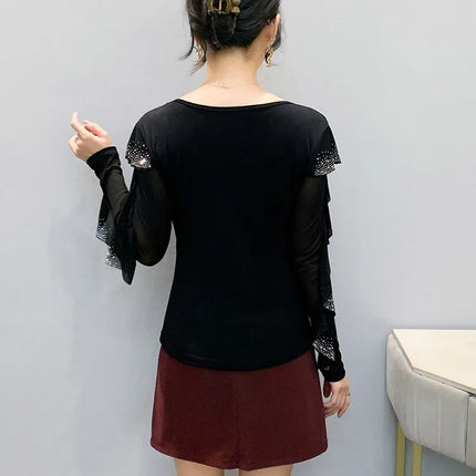 2025 Autumn New Style Mesh Tops Korean Fashion Round Neck Ruffles Shirt Lotus Leaf Edge Hot Diamond Long Sleeve Women T Shirt