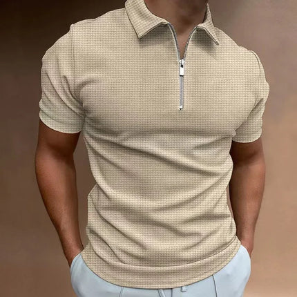 Spring/Summer Waffle Zipper Polo Shirt Checkered Color Blocked Men's T-shirt Top
