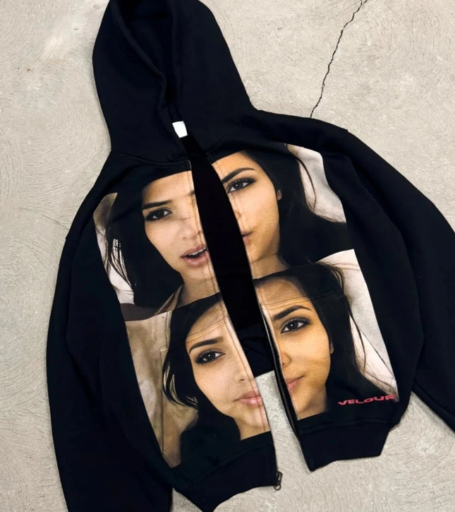 Harajuku Casual Print Hoodies Women Grunge Streetwear Sweatshirt Tops Goth Y2k Oversized Zip Up Hoodie Tracksuit Men Clothing