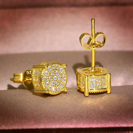Luxury Gold Color Round CZ Stud Earrings Hip Hop Zircon Stud Earrings Piercing Ear Accessories Hiphop Trend Jewelry