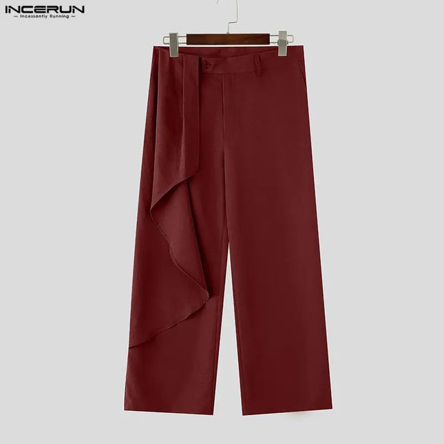 INCERUN Men Pants Solid Color Button Joggers Casual Ruffle Trousers For Man Streetwear Loose 2026 Stylish Long Pants Pantalones