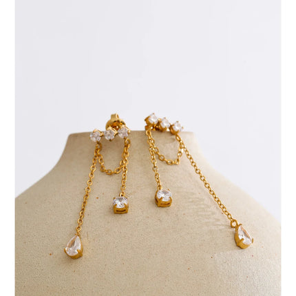 Yhpup Stainless Steel Cubic Zirconia Water Drop Tassel Chain Dangle Earrings Temperament Aesthetic Gold Color Ear Jewelry