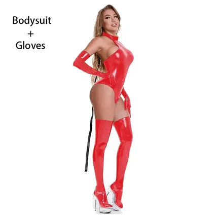 Lady Sexy Faux Leather Latex Catsuits With Belt High Cut Wetlook PU Lingerie Bodysuit Clubwear Costumes Gloves Long Stockings
