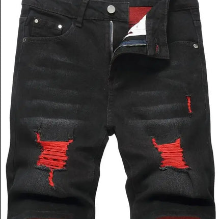 Men's denim shorts with summer frayed elastic men's casual pants slim-fit European-style shorts tight and worn-out men's pants