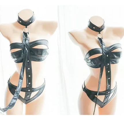 Women Faux Leather Latex Catsuit Black Patent Leather Open Crotch Bodysuit Bandage Nightclub Pole Dancing Clothes Sexy Lingerie