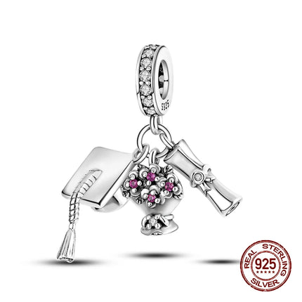 100% 925 Sterling Silver Graduation Season Series Owl Bachelor's Hat Charms Beads Fit 3mm 925 Original Bracelets DIY Jewelry