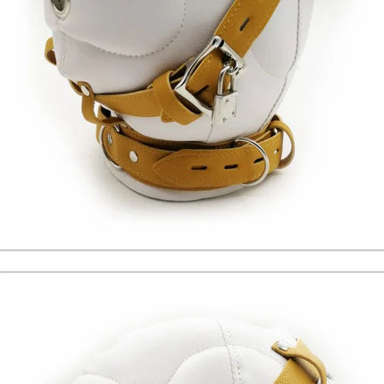 BDSM PU Leather Total Sensory Deprivation Full Head Bondage Hood Headgear Mouth Open Lockable Gimp Bondage Sex Toy for Couple