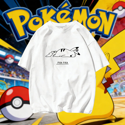 2026 Summer Pokemon Sleeping Pikachu Line Art Print T-Shirt, 100% Cotton Loose Casual Oversized Tee for Adults & Kids Y2k
