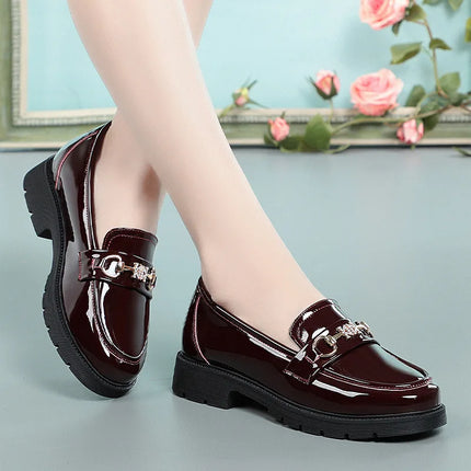 Women's Mary Jane Platform Shoes Round Head Spring New Metal Chain Casual Soft Patent Leather Slip on Loafers Office Size 35-41