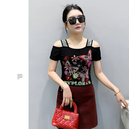 Summer Streetwear Fashion Women's T-shirt Luxury Design Butterfly Hot Diamonds Tee Sexy Off Shoulder Girls Tops European Clothes