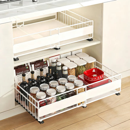 1/2pcs Expandable Cabinet Drawer Organiser (12"-20"), Pull Out Drawer Tray with 3 Sliding Rails, Mounts with Adhesive or Screws