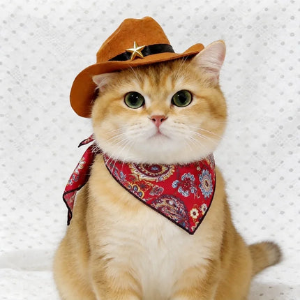 Pet Cowboy Hat with Bandana Western Style Star Decor for Cats Dogs Small Large Sizes Party Cosplay Costume
