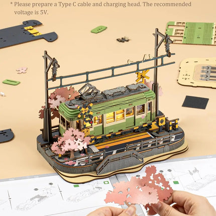 Robotime 3D Puzzles Sakura Journey DIY Model Building Toy with LED Light Wooden Craft Kits Tram Hobby for Kids Brain Teaser Gift