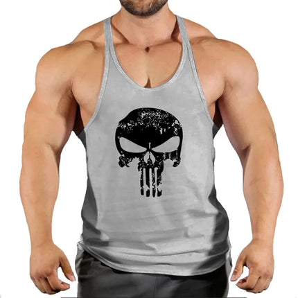 Mens Bodybuilding Faux Cotton Tank Top Gym Fitness Sports Sleeveless Top Skull Print Breathable Tank Top Mens Summer Tank Top