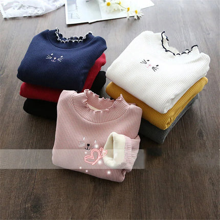 Children's base sweater autumn and winter Fashion Girls Sweaters Cartoon Kids Tops Warm Velvet Thick Kids Sweater Girls Outwear