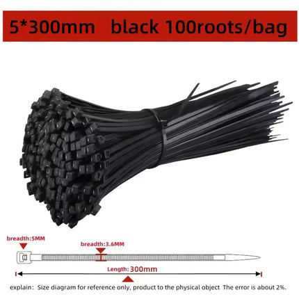 100 PCS Self-locking Plastic Nylon Tie Black Fastening Strap Cable-Tie-Set Cable Zip Tie Fastening Ring Zip Wraps Strap Tie