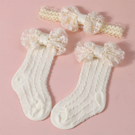 3-12M Newborn Baby Girls Socks Headband Set Cute Breathable Knit Bow Princess Dress Socks for Party, Wedding, Photography