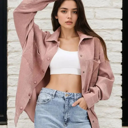 Women's Plus Size Retro Outerwear Collared Shirt Set with Loose Casual Corduroy shirt