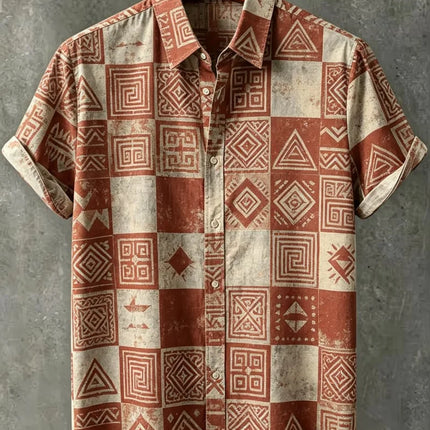 Men's Tribal Portrait Geometric Print Vacation Short Sleeved shirt, For Casual travel, Beach travel, And Ethnic Vacation Style
