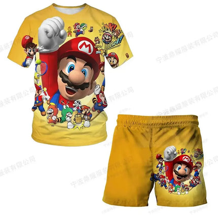 2026 Super Mario Boys 3D T-shirt Set Boys and Girls Cute Summer Top + Shorts Children's Short-Sleeve Birthday Gift Boys Clothes
