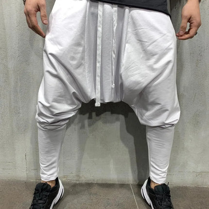 Men's Black Dropped Crotch Harem Pants Streetwear Hip Hop Drawstring Casual Trousers Slim Fit Elastic Ankle Joggers Black