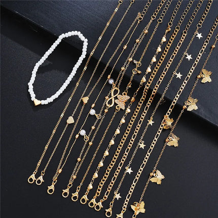 14 Pcs/Set Fashion Metal Butterfly Heart Pendant Anklets Set Bohemia Vintage Pearl Foot Bracelet Beach Woman Jewelry Gifts 2025