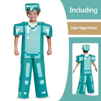 Kids Cosplay Diamond Armor Game Character Steve Cosplay Costumes 3 Pieces Set Blue Outfits Dress Up Set for Halloween Suit
