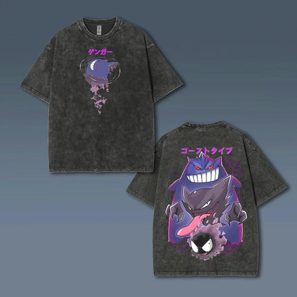 Pokémon Animation Derivatives Gengar Printing Retro Washed Short-sleeved T-shirt Men's and Women's 2025 Summer Fashion Clothing