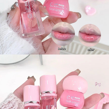Strawberry Lip Balm & Lip Oil Set Clear Glass Moisturizing Lightweight Hydrating Jelly Day & Night Lip Mask Set Makeup Lips Care