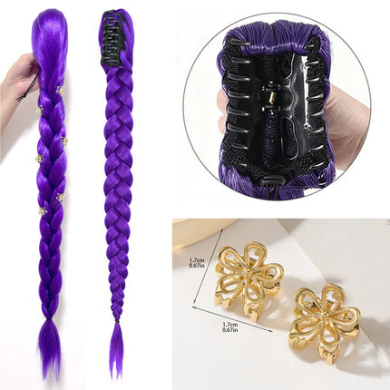 Purple Braid Clip in Ponytail Hair Extension Long Ponytail Synthetic Hairpieces Cosplay for Kids Girl Halloween Christmas