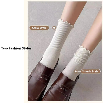 Cotton Socks for Women Girls Ruffle Top Solid Color Spring Autumn Breathable Soft Mid-calf Sock 1 Pair or 2 Pairs