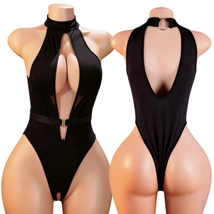 Erotic Open Bra Lingerie Crotchless Underwear Sexy Costume Deep V Open Hollow Bodysuit Hanging Neck Baby Doll Dress Cosplay Set