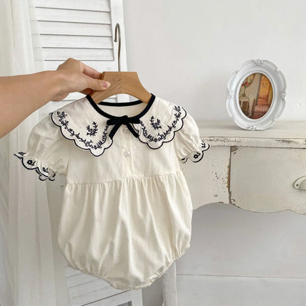 Baby Summer Clothes Embroidered Baby Short-sleeved Jumpsuit Baby Bow Tie Rompers Cute Newborn Girls Cotton Outfits