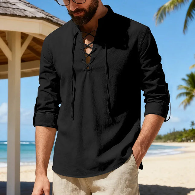 2026 New Men's Cotton Linen Shirt Long Sleeve Male Shirts Henley Button Strap Stand Collar Casual Shirt Spring Summer Vintage