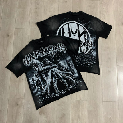Graffiti Streerwear Washed Letter Shinning Diamond Short Sleeve Mens Tshirts Crew Neck Pure Cotton Baggy Rhinestone Top Tees