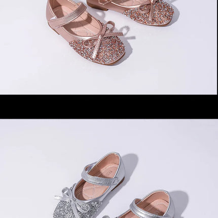Kids Leather Shoe Spring Autumn Elegant Girls Party Shoes Fashion Sequins Bowtie Children Princess Shoes for Wedding Shallow
