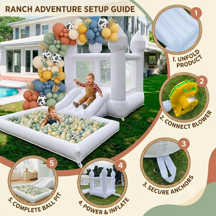Oxford 12FT Inflatable White bounce house With Slide Connected to Ball Pit, Easy Setup White Slide Bouncy Castle for Kids Indoor Outdoor Parties and Birthday