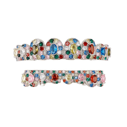 YOUNGX 8/8 Colors Full Iced Out CZ Stone Teeth Grillz Hip Hop Colorful Cubic Zircon Tooth Caps For Women Men Jewelry Christmas