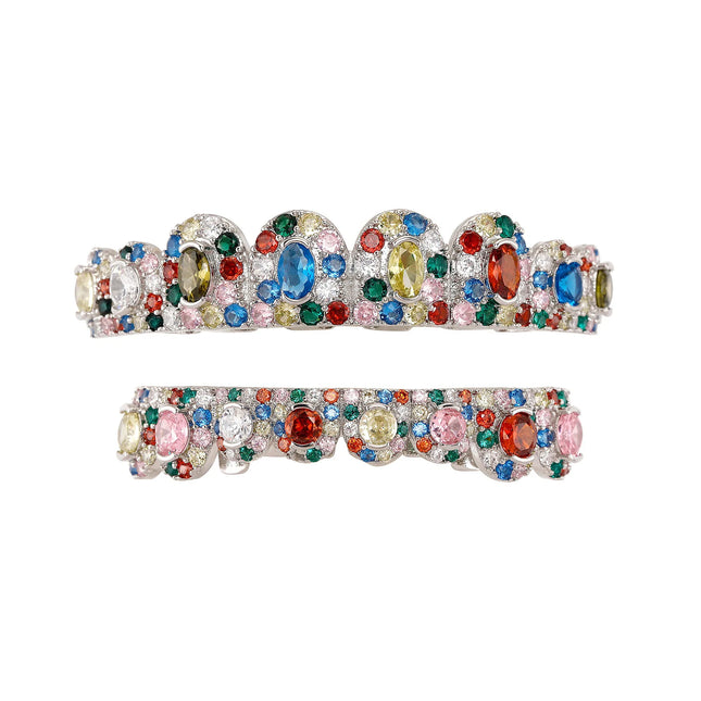YOUNGX 8/8 Colors Full Iced Out CZ Stone Teeth Grillz Hip Hop Colorful Cubic Zircon Tooth Caps For Women Men Jewelry Christmas