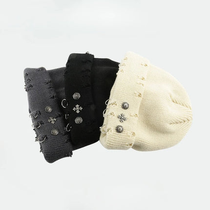 Street hip-hop retro cross ring perforated woolen hat for women, yuppie knitted melon skin hat, cold hat for men