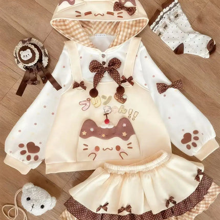 Japanese Style Soft Cute Strawberry Caramel Pudding  Print Fleece Lined Oversize Plaid Hoodie for Girls Autumn Winter