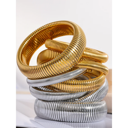 Yhpup Waterproof Stainless Steel Elastic Thick Metal Bracelet Bangle 18K Gold Plated Trend Fashion Unisex Jewelry Men Women