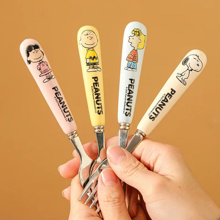 Genuine 2Pcs Cute Cartoon Snoopy Stainless Steel Spoon Ceramic Handle Spoon Fork Children's Tableware