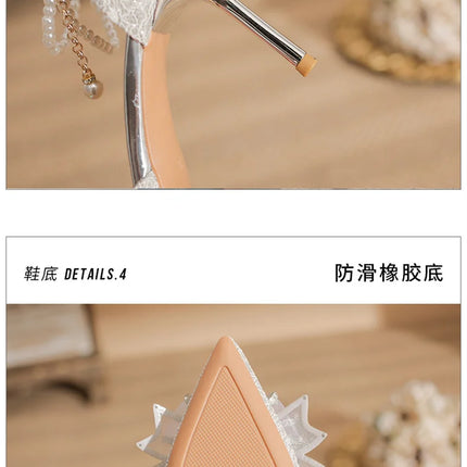 Spring Pointed Toe Party Wedding Shoes for Women, Bride Bow Thick Heel Silver Sequin Fairy Lolita Style Single Shoes