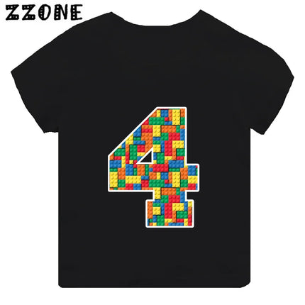 Building Blocks Bricks Number Bow Print Cartoon Boys Clothes 1 2 3 4 5 6 7 8 9 Years Birthday Kids T-shirt Baby Girls T-Shirts