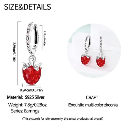 Original Earrings 925 Silver Fruit Series Cherry Strawberry Hoop Earrings Ear Studs Zircon Making Jewelry for Women Girl Party
