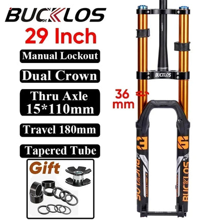 BUCKLOS Double Shoulder MTB Suspension Fork 27.5/29" Mountain Bike Front Air Fork 180mm Travel 51mm Offset Disc Brake Forks