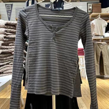 Pink Striped Slim Long Sleeve Tees Women Spring Casual Cotton O-neck Tshirt New Tops Clothes Sweet Cute  Vintage T-shirts Y2K